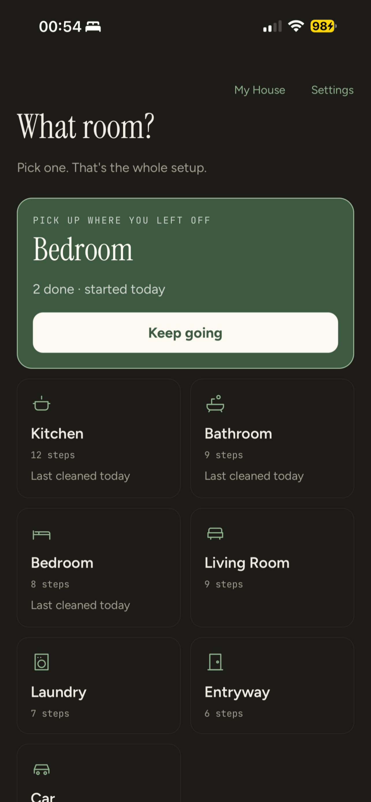 Home screen for a returning user, with a Keep going card above the room grid