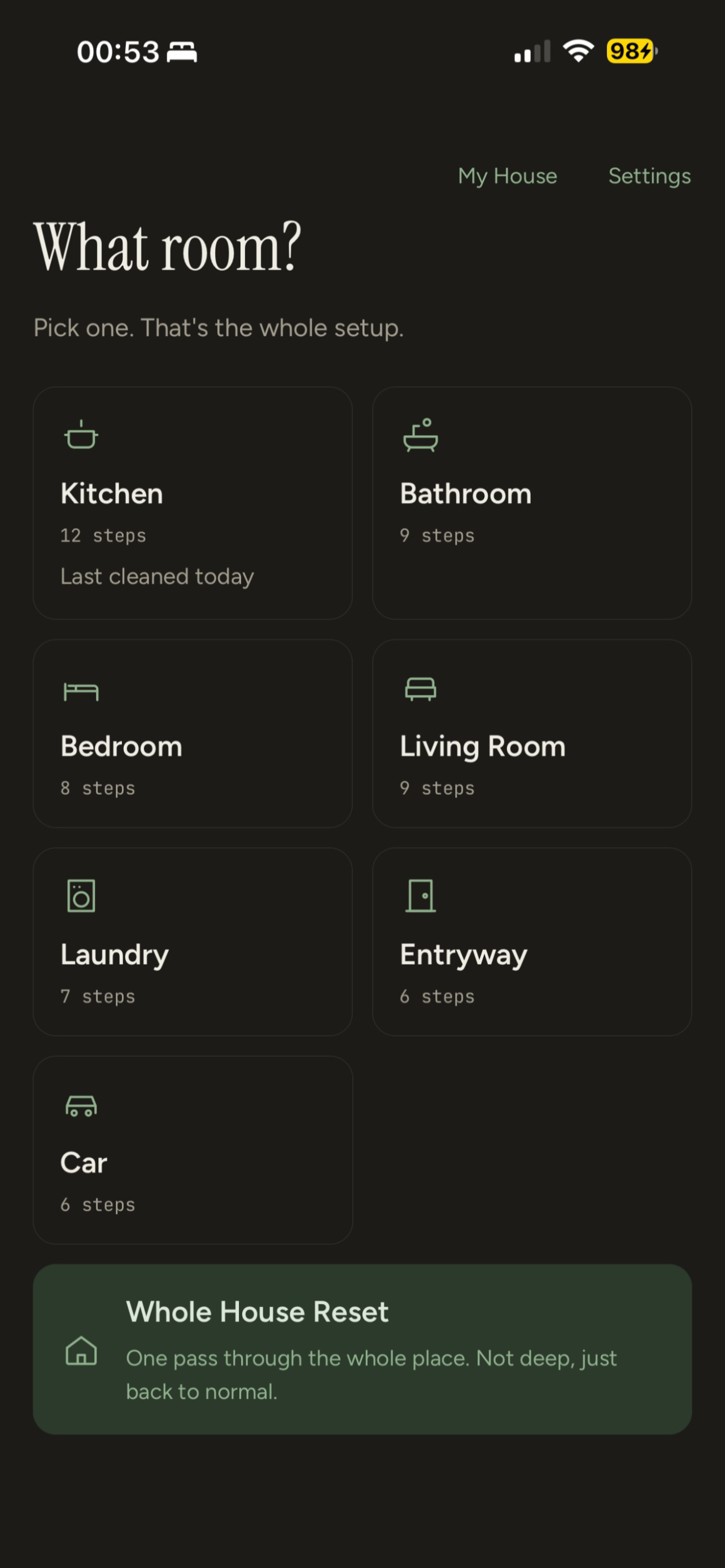 Room grid: Kitchen, Bathroom, Bedroom, Living Room, Laundry, Entryway, Car, Whole House Reset